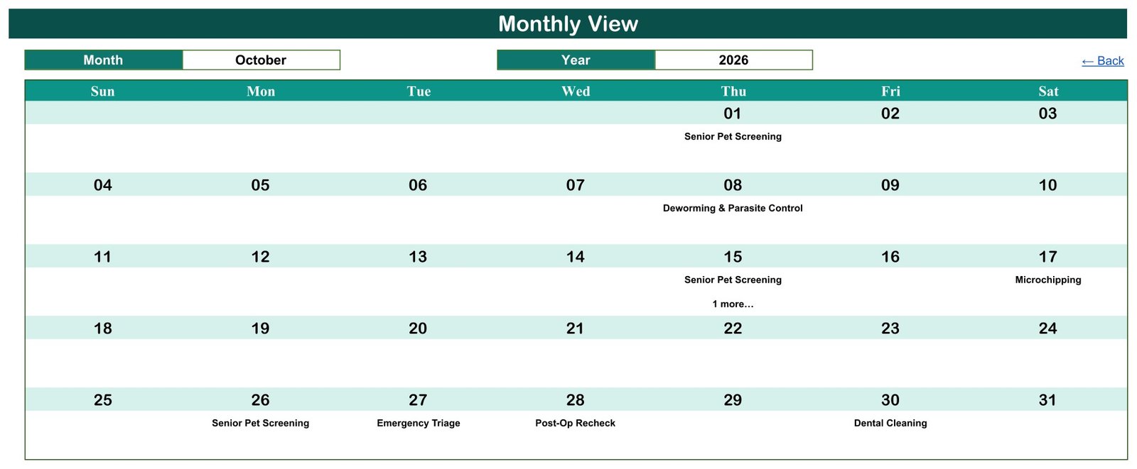 Monthly View tab for October 2026 showing bookings under each date