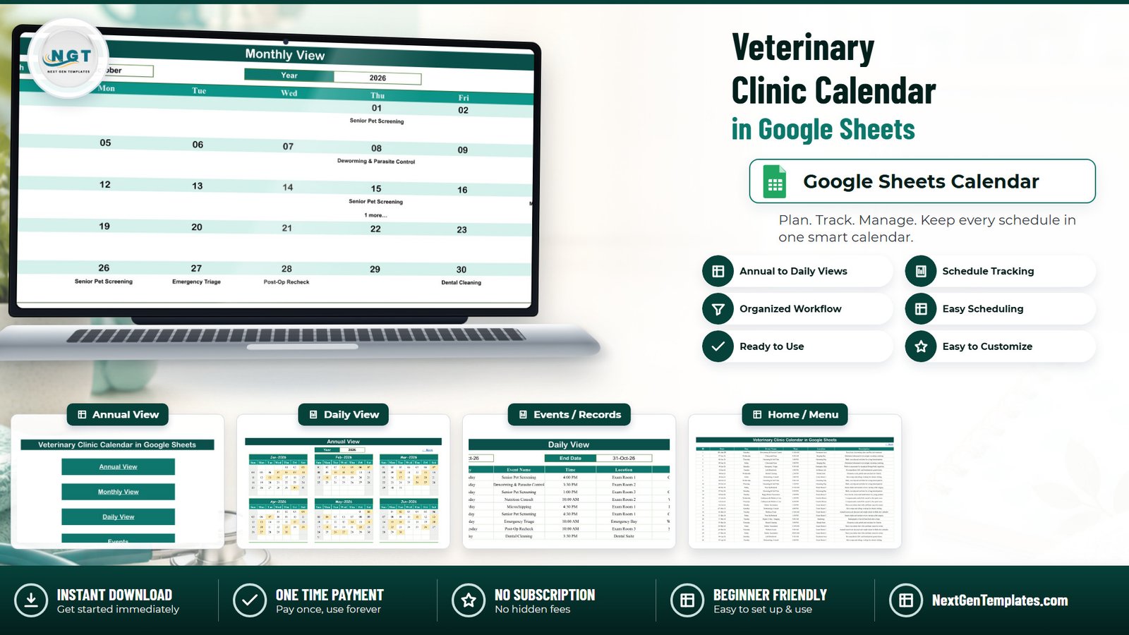 Veterinary Clinic Calendar in Google Sheets shown on a laptop with the Monthly View open