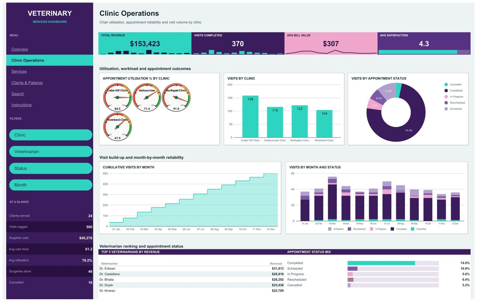 Clinic Operations page with utilisation gauges and visit build