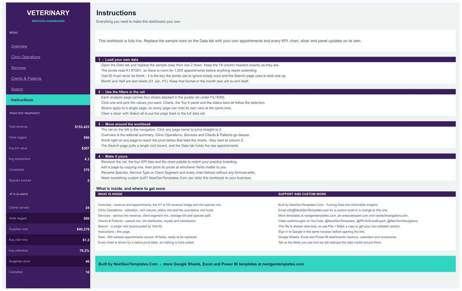 Instructions page of the Veterinary Services Dashboard in Google Sheets