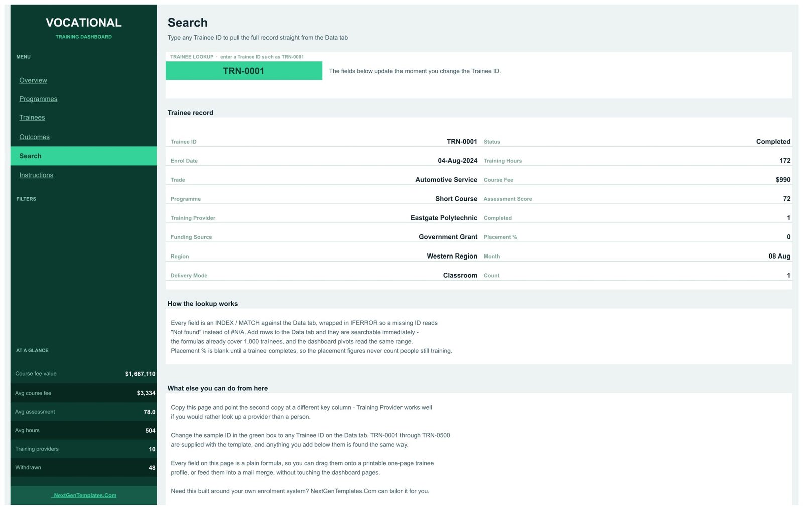 Vocational Training Dashboard in Google Sheets - Search page