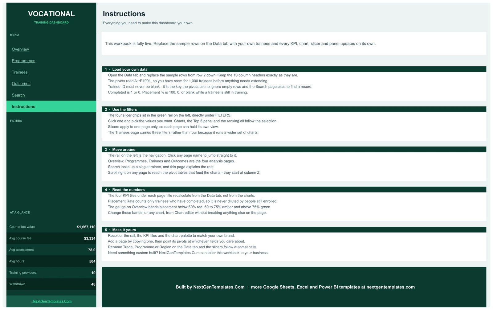 Vocational Training Dashboard in Google Sheets - Instructions page