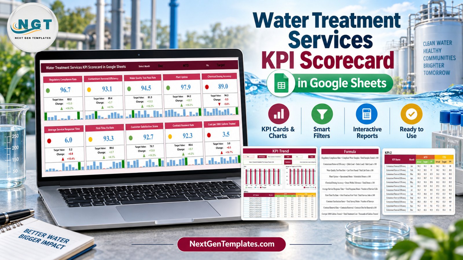Water Treatment Services KPI Scorecard in Google Sheets