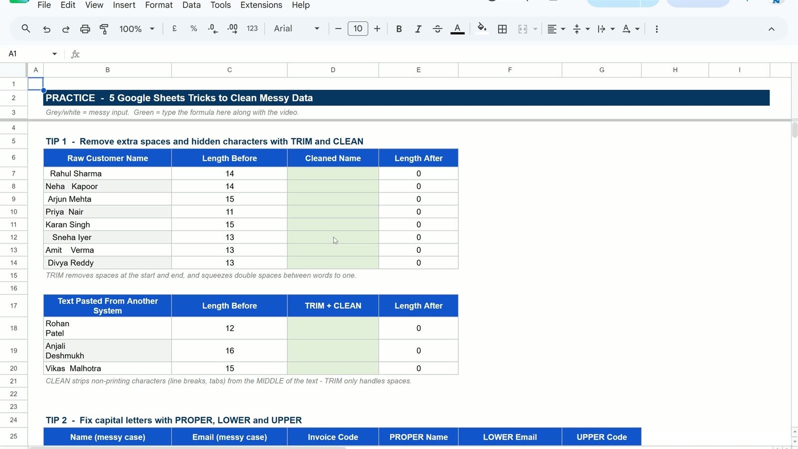 Clean messy data practice sheet in Google Sheets with messy names and empty green formula cells