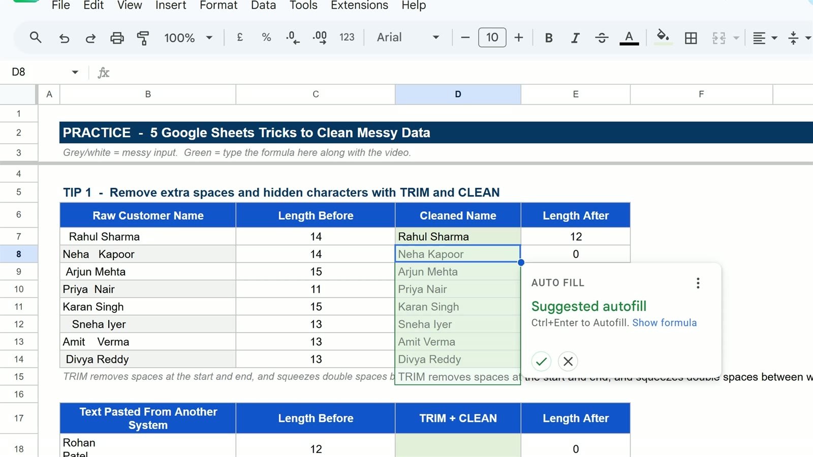 TRIM formula in Google Sheets removing extra spaces, with the Suggested autofill prompt