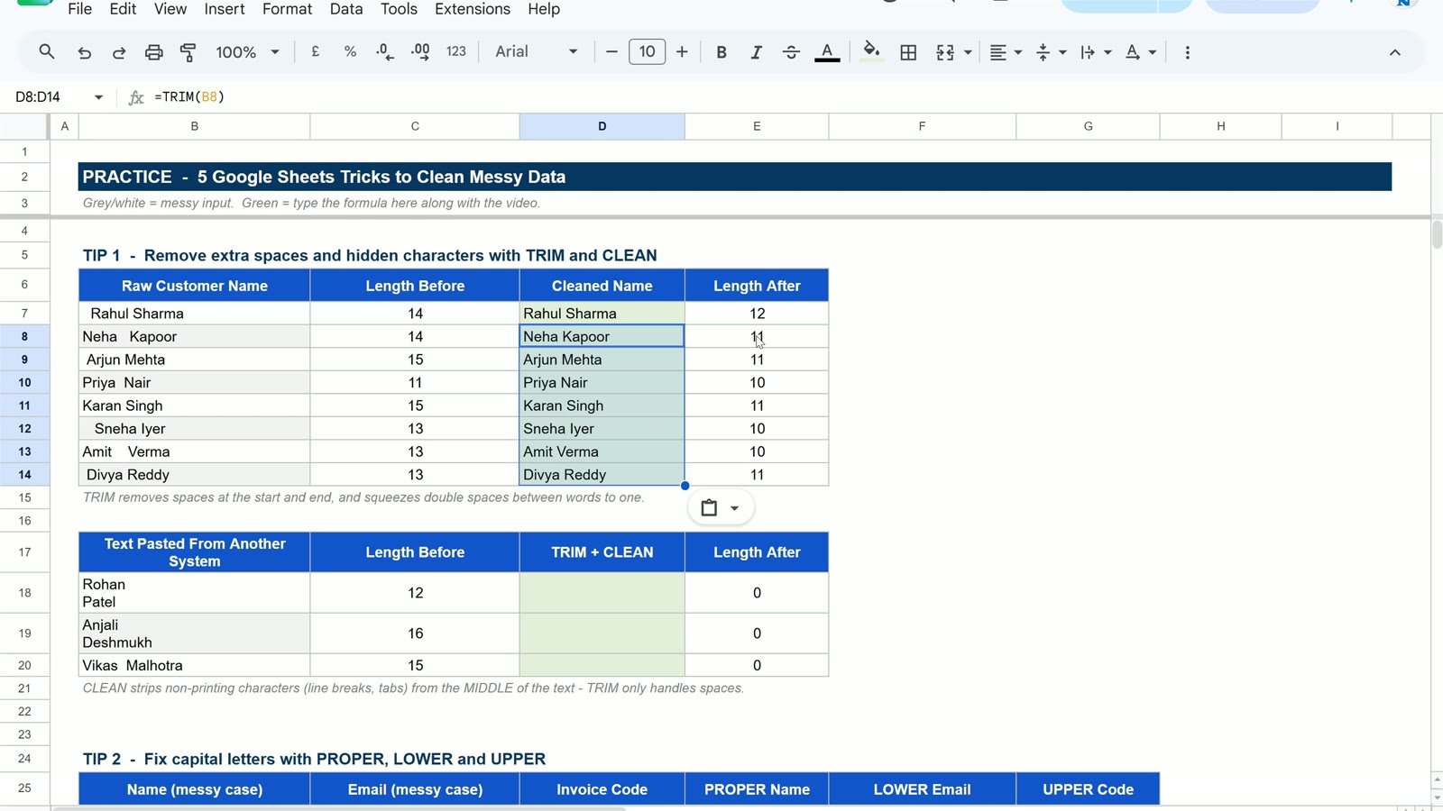 TRIM formula copied down to all eight names in Google Sheets with the new lengths