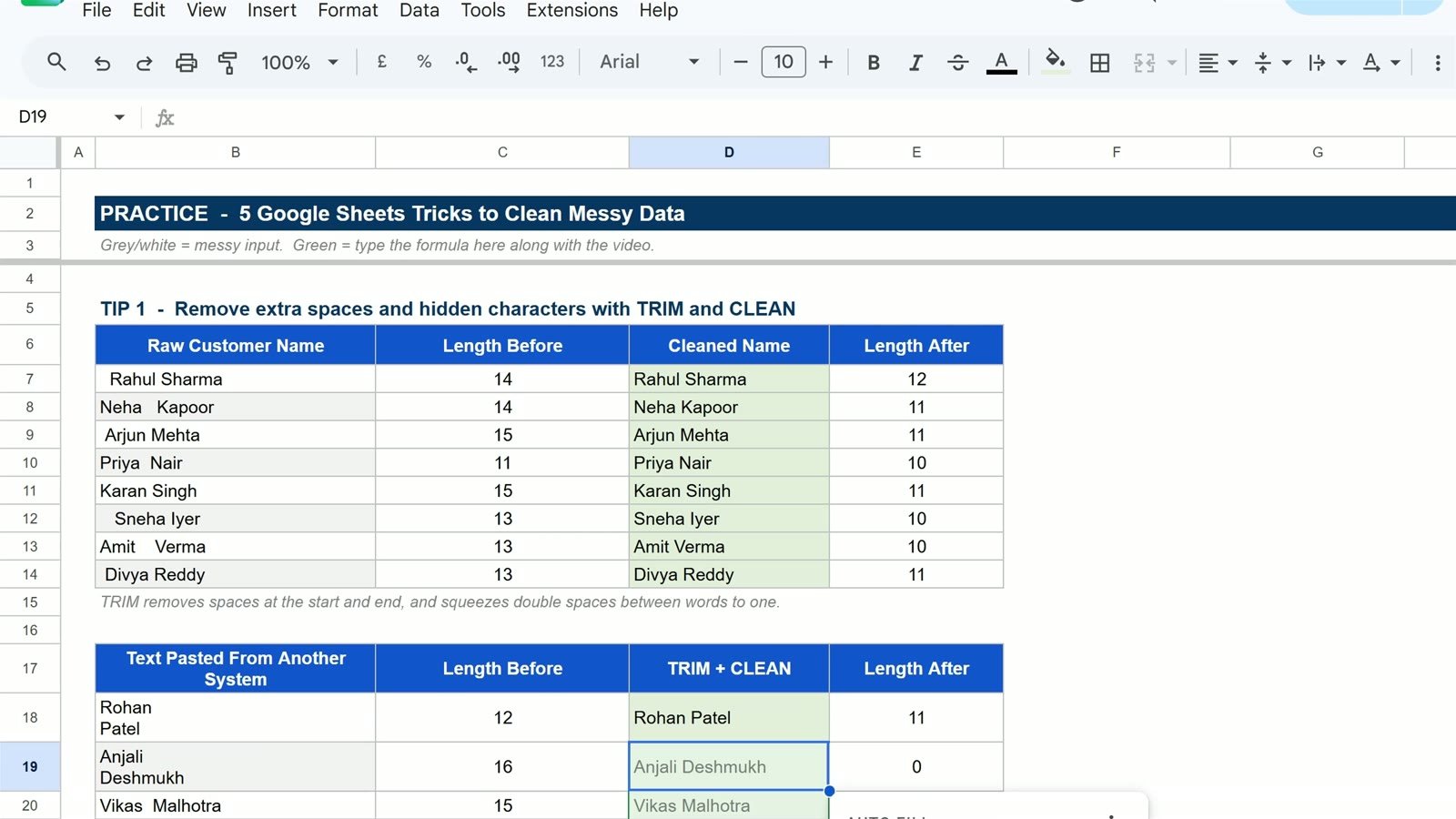 TRIM and CLEAN formula in Google Sheets removing a hidden line break from a name