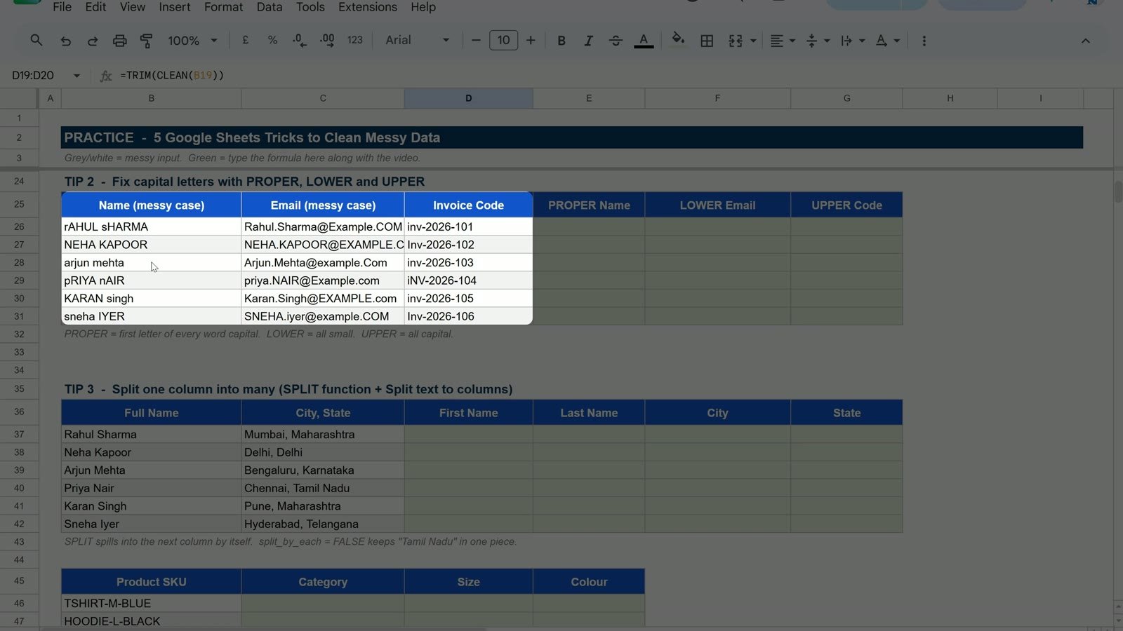 Messy names, emails and invoice codes in mixed capital letters in Google Sheets