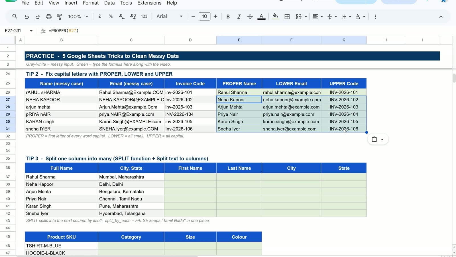 PROPER, LOWER and UPPER formulas in Google Sheets cleaning names, emails and invoice codes