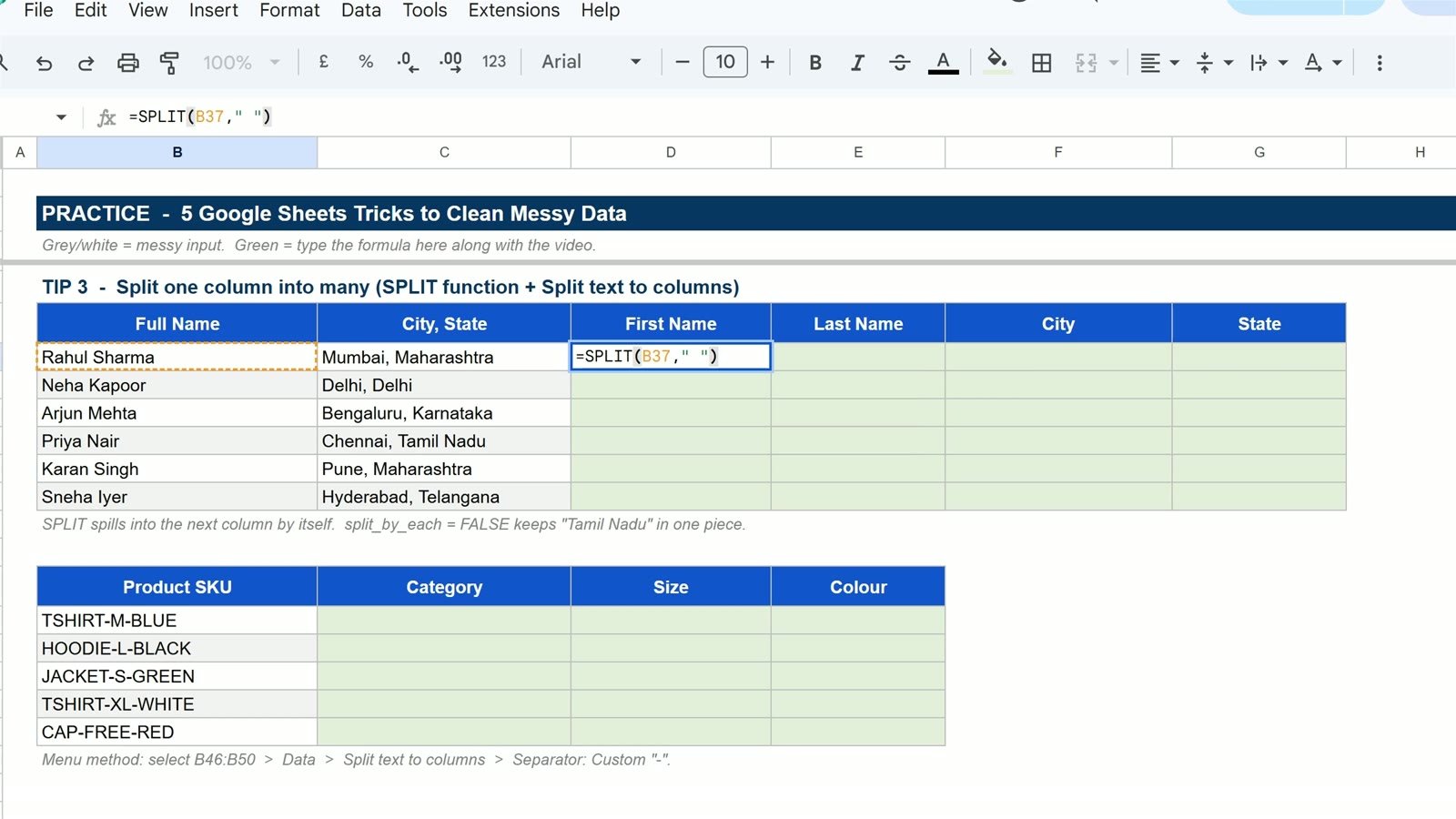 SPLIT formula in Google Sheets splitting a full name into first and last name