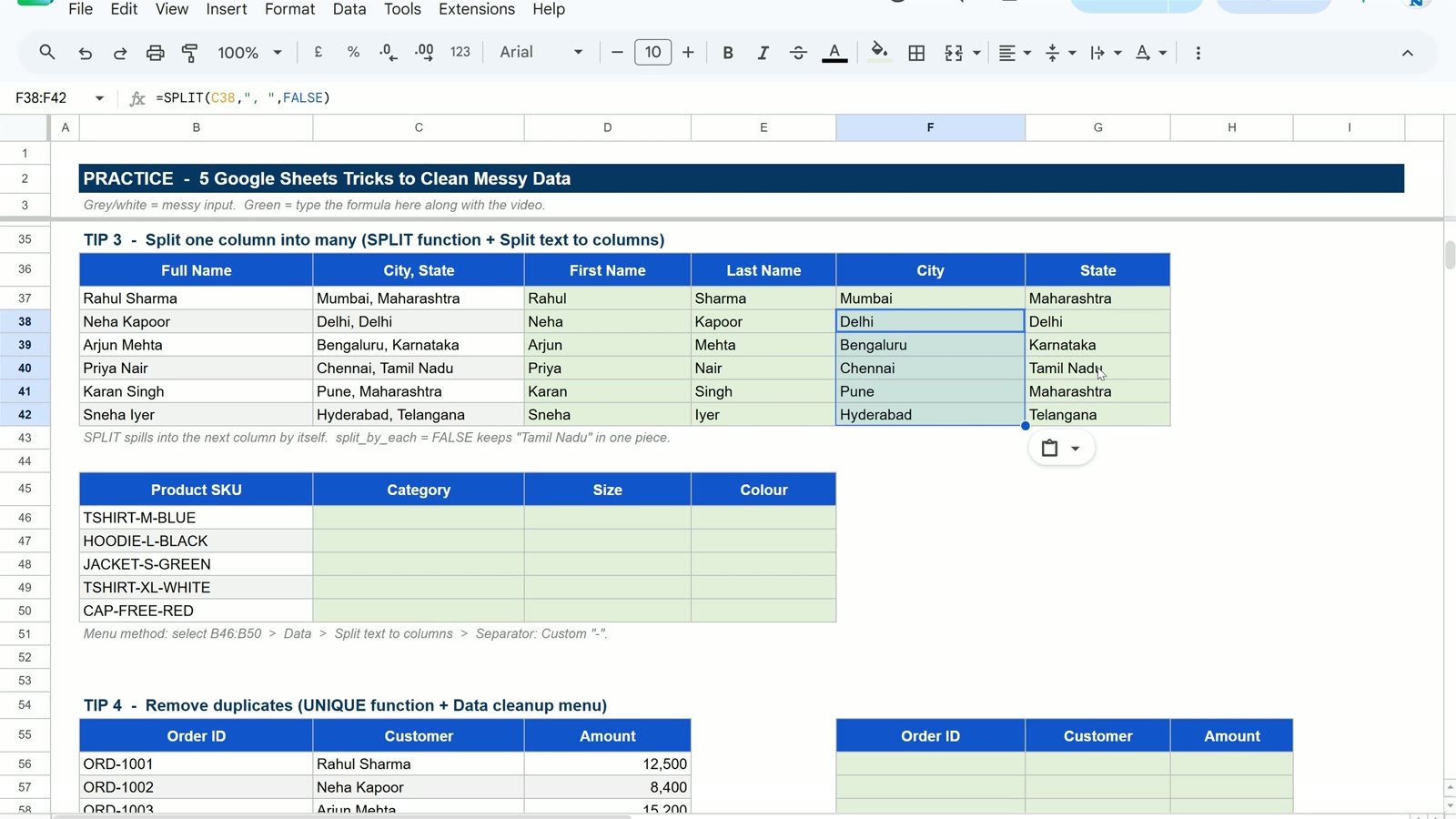 SPLIT results in Google Sheets with first name, last name, city and state in separate columns