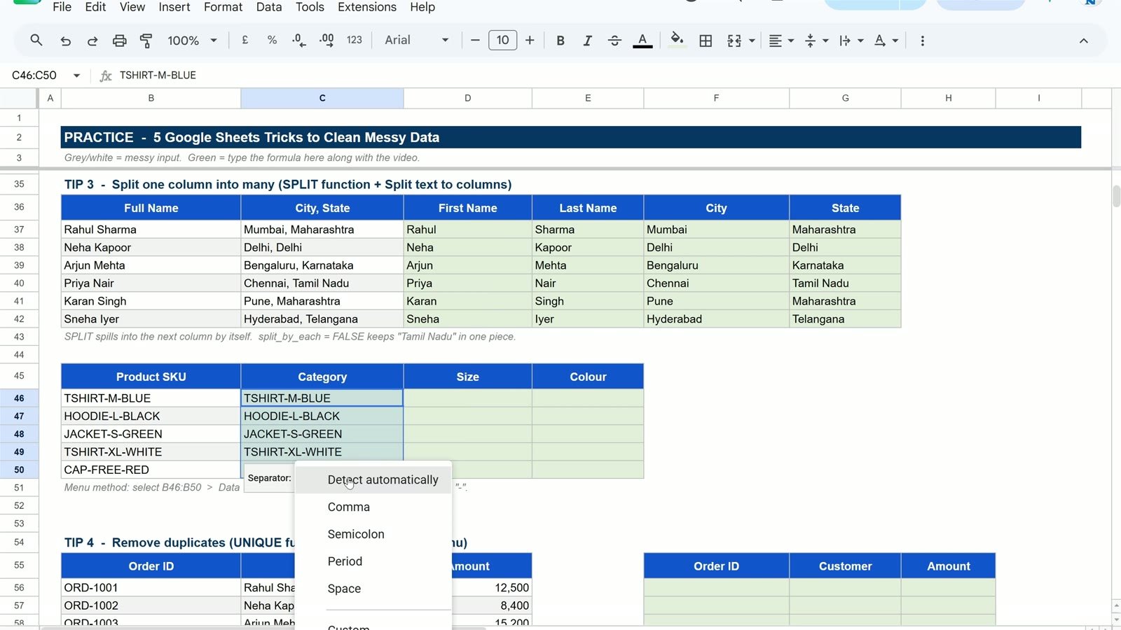 Split text to columns separator menu in Google Sheets with the Custom option