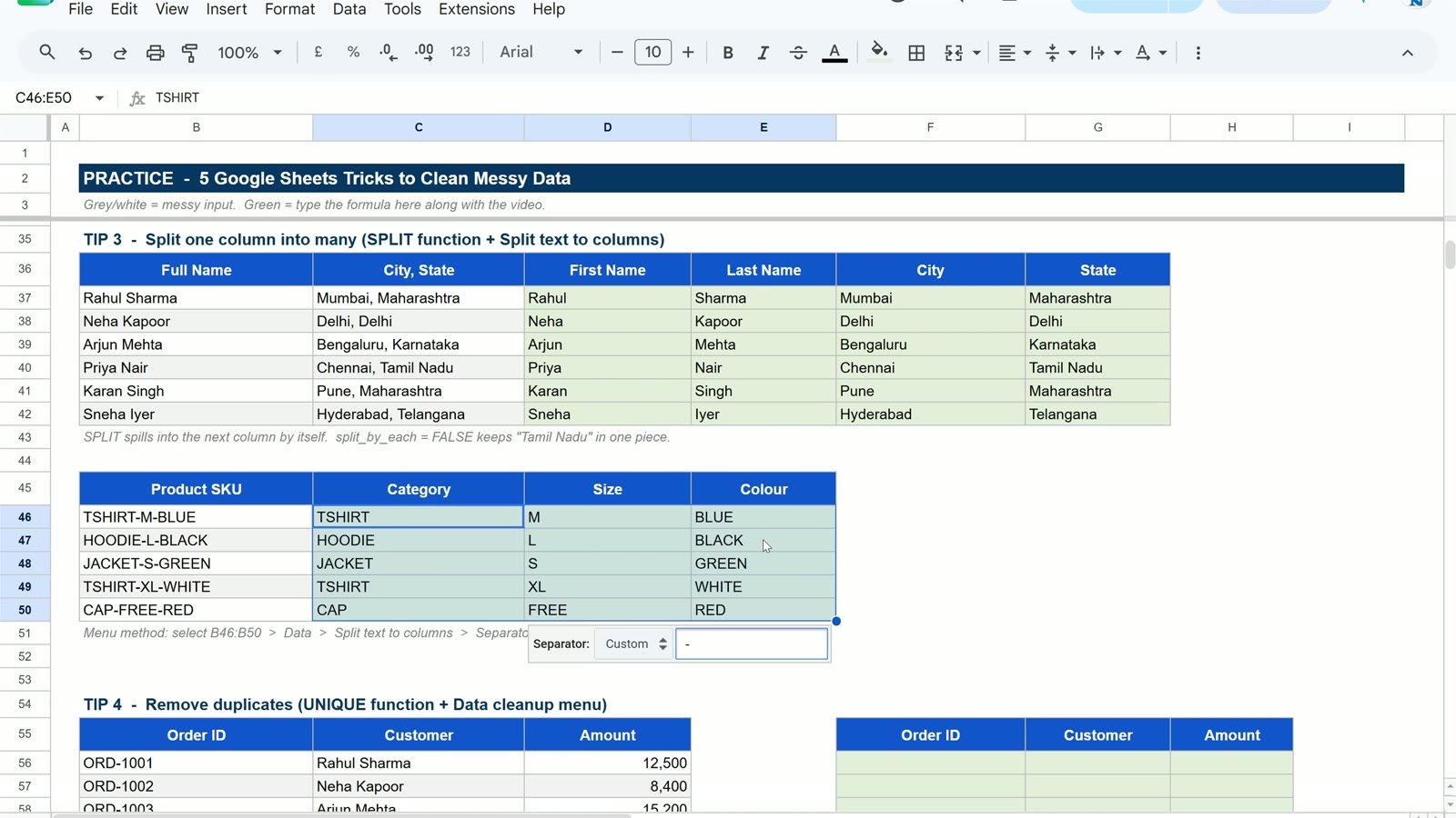 Product codes split into category, size and colour with Split text to columns in Google Sheets