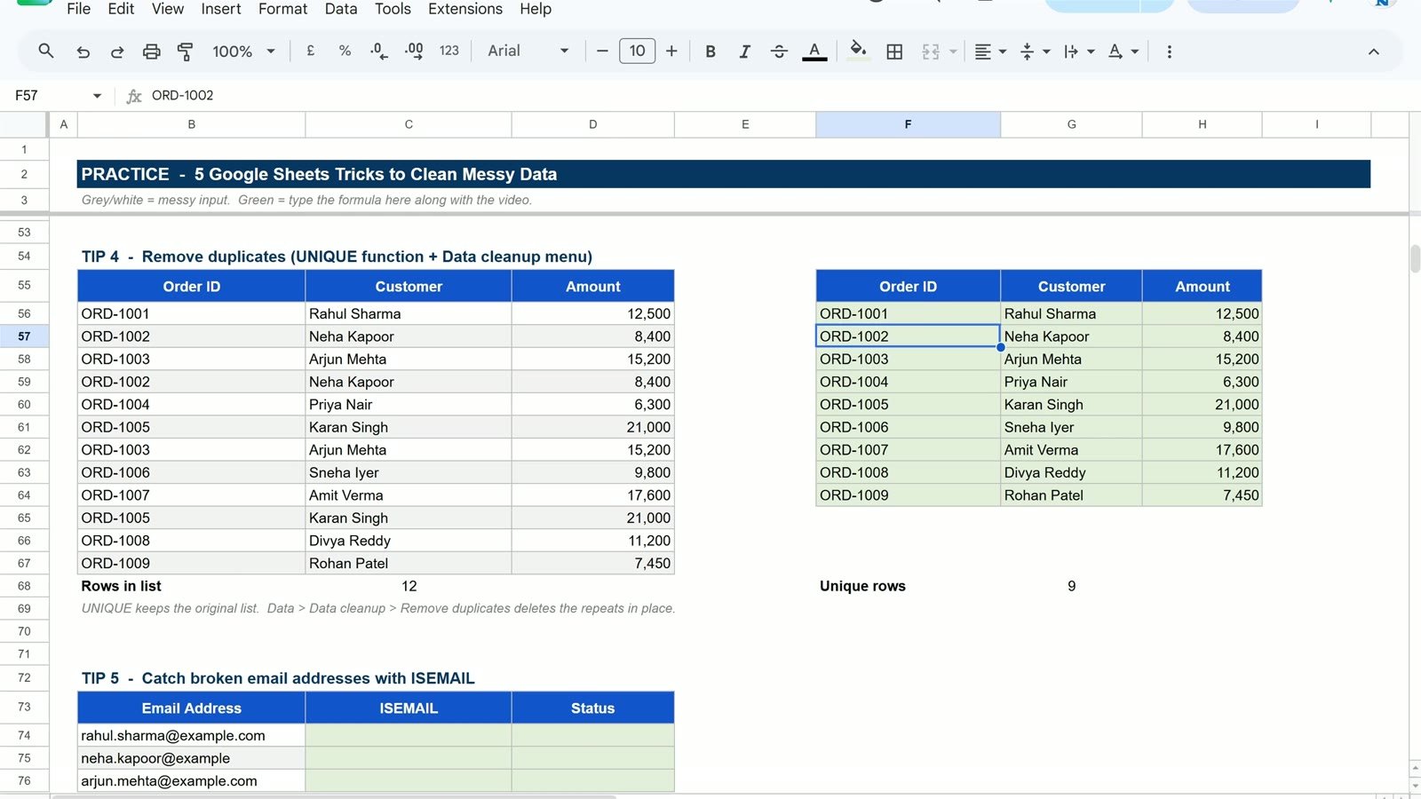 UNIQUE formula in Google Sheets returning the unique rows of an order list