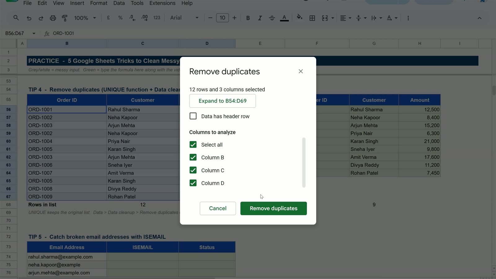 Data cleanup menu in Google Sheets showing Remove duplicates and Trim whitespace