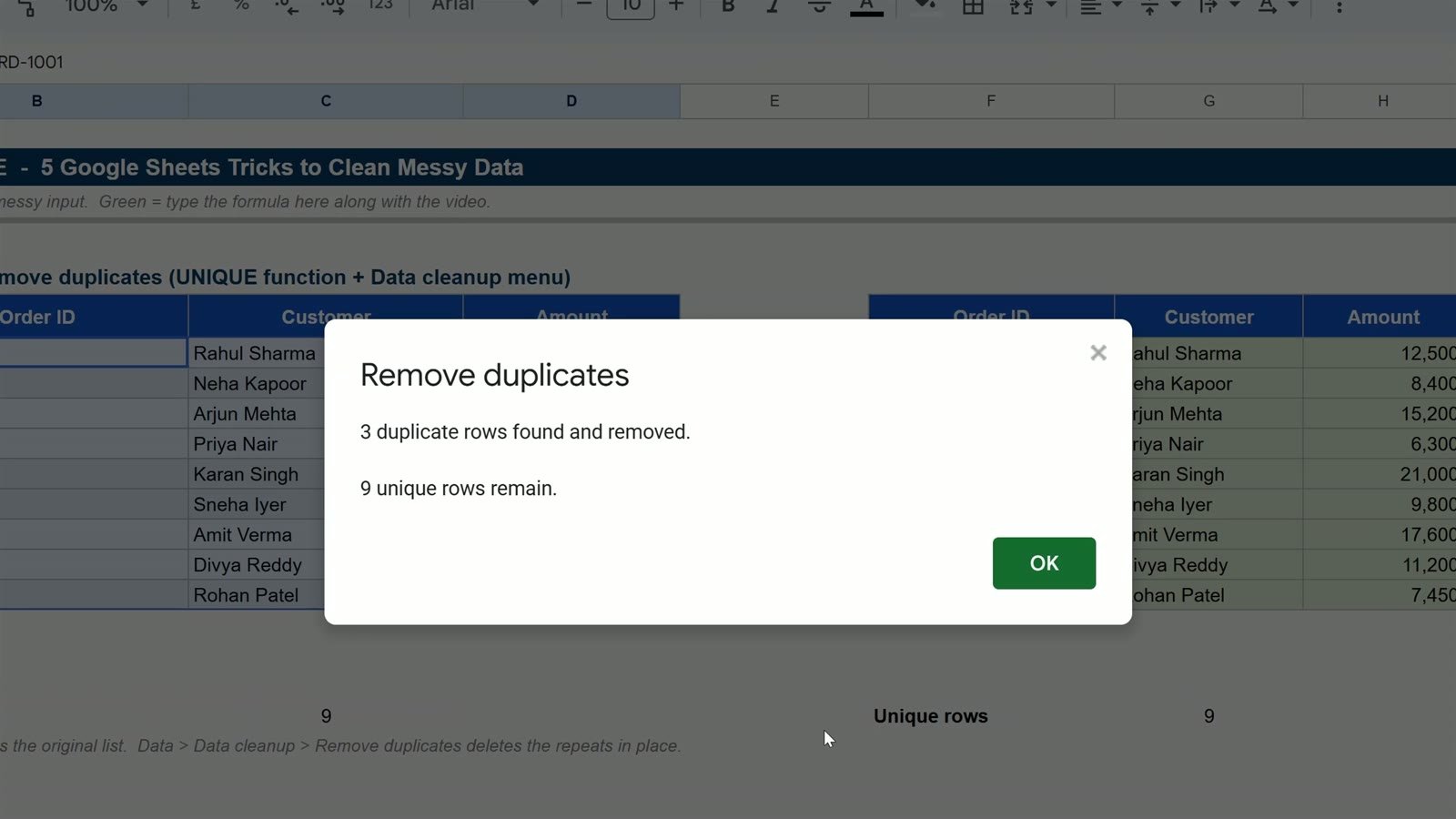 Remove duplicates result in Google Sheets: 3 duplicate rows found and removed, 9 unique rows remain
