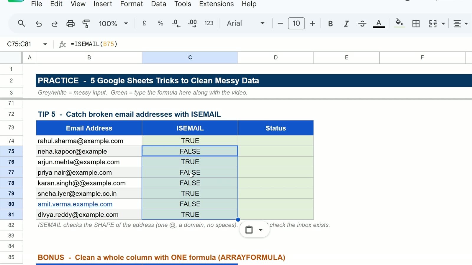 ISEMAIL formula in Google Sheets returning TRUE and FALSE for valid and broken email addresses