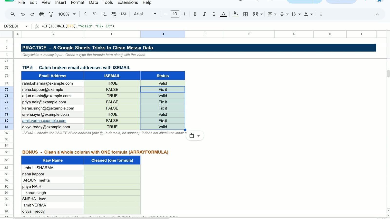 IF and ISEMAIL formula in Google Sheets showing Valid or Fix it for each email address