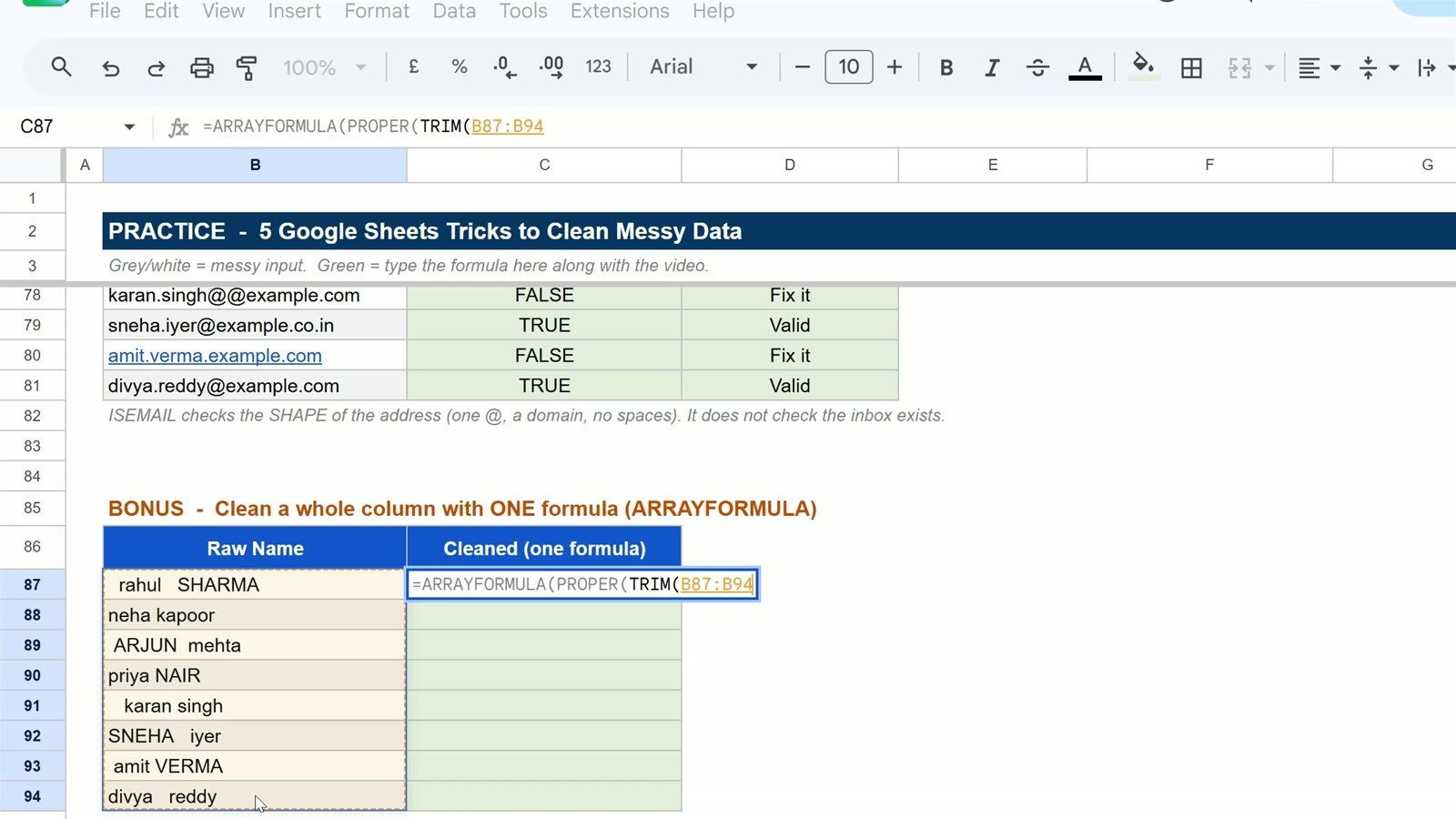 Building an ARRAYFORMULA with PROPER and TRIM over a range in Google Sheets