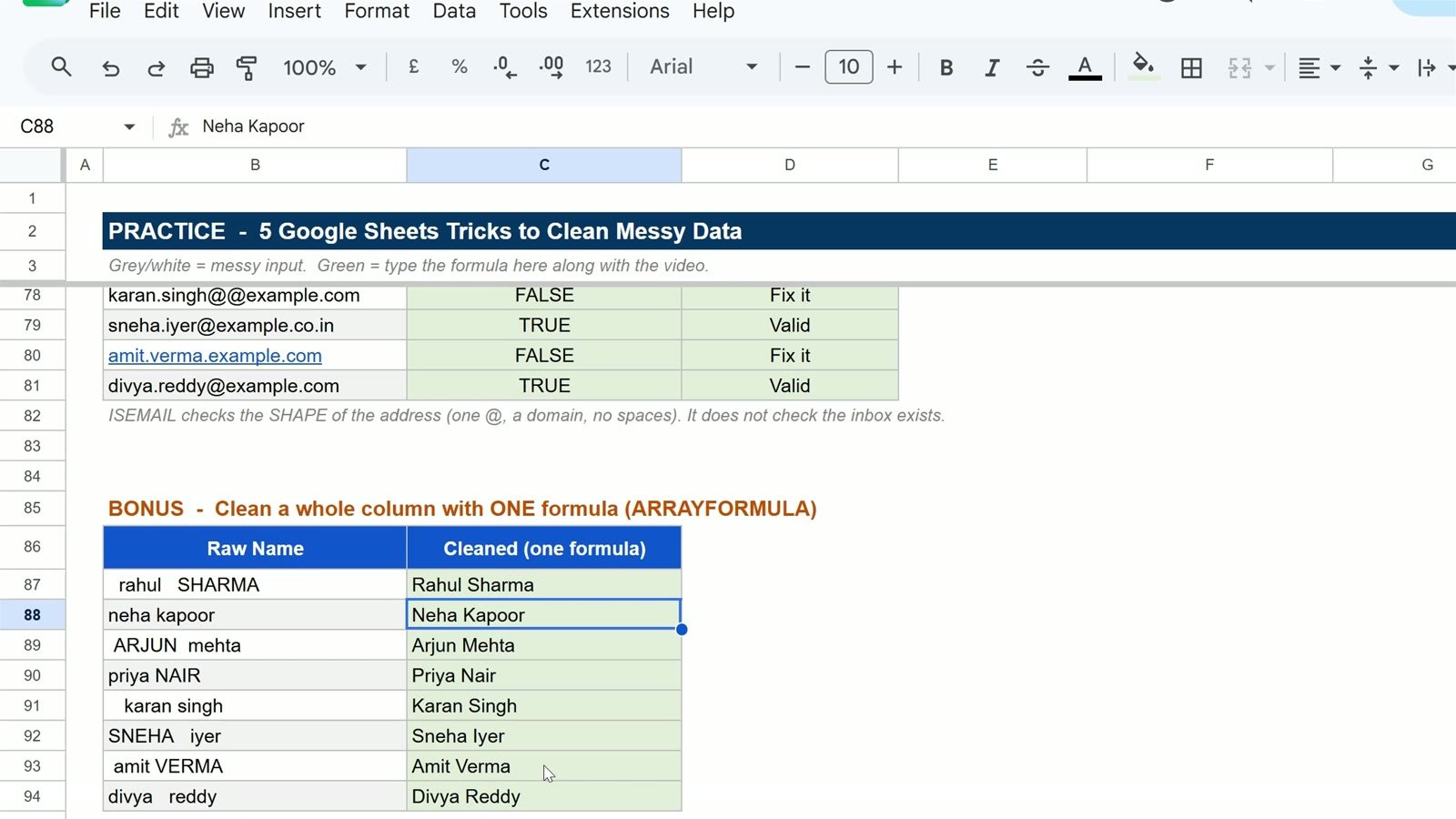 ARRAYFORMULA with PROPER and TRIM cleaning eight names from one formula in Google Sheets
