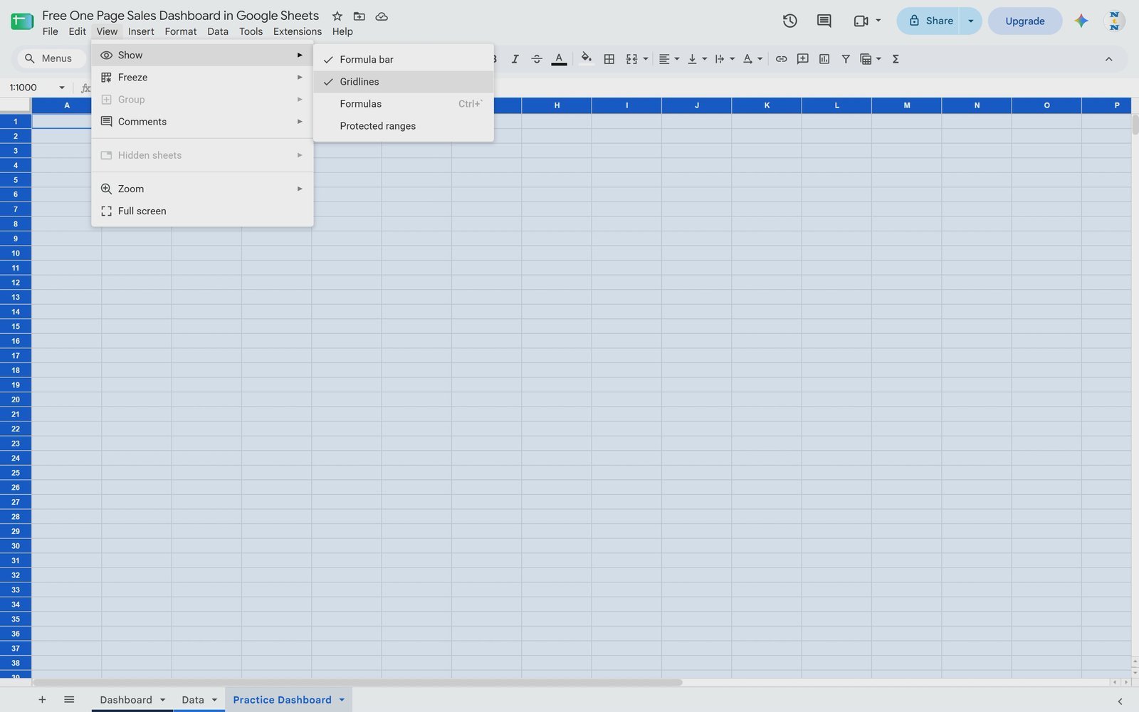 View Show Gridlines option to remove gridlines in Google Sheets
