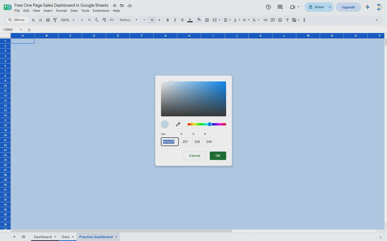 Add a custom color dialog in Google Sheets to create a light background