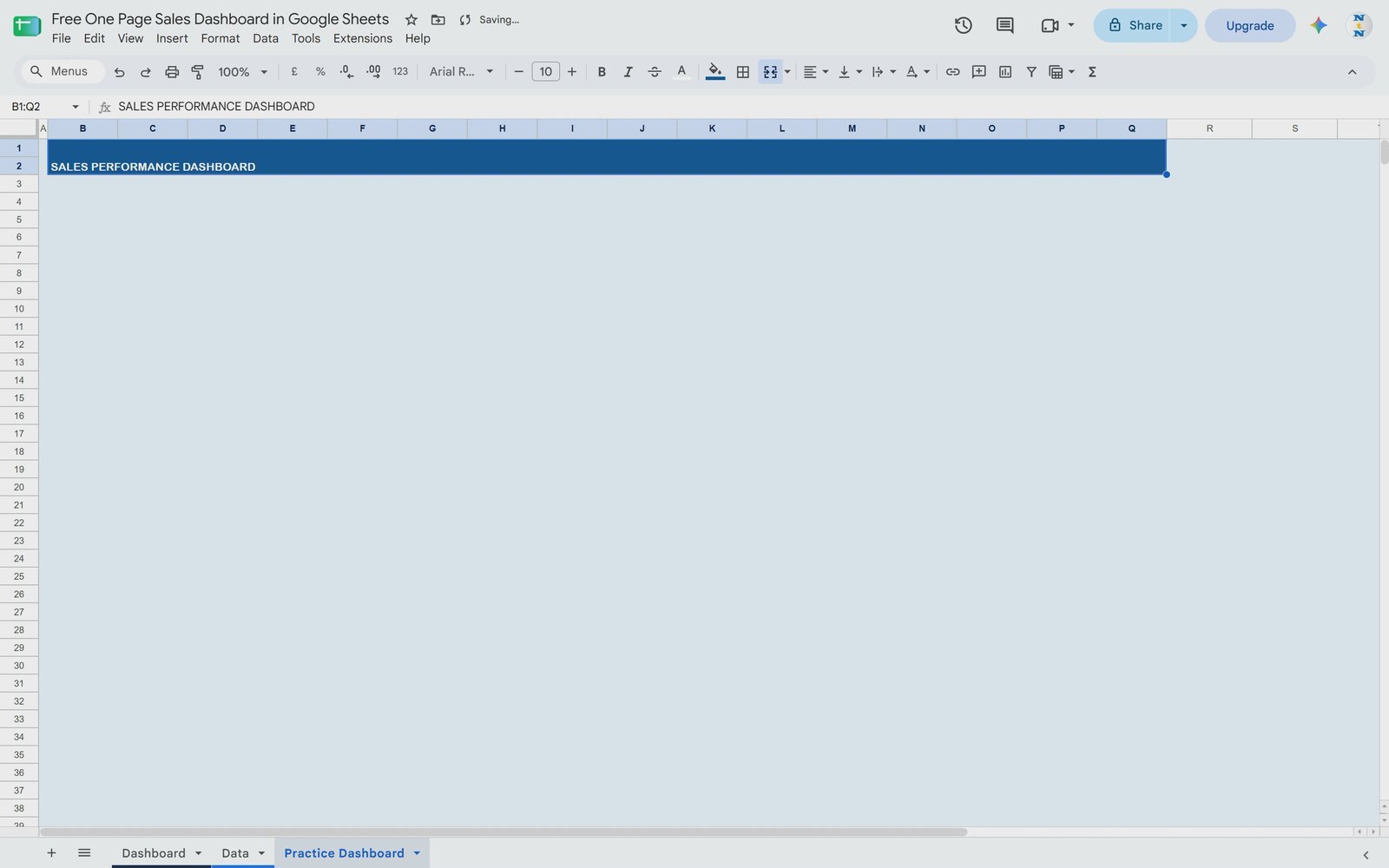 Merged dark blue header row for a sales performance dashboard in Google Sheets
