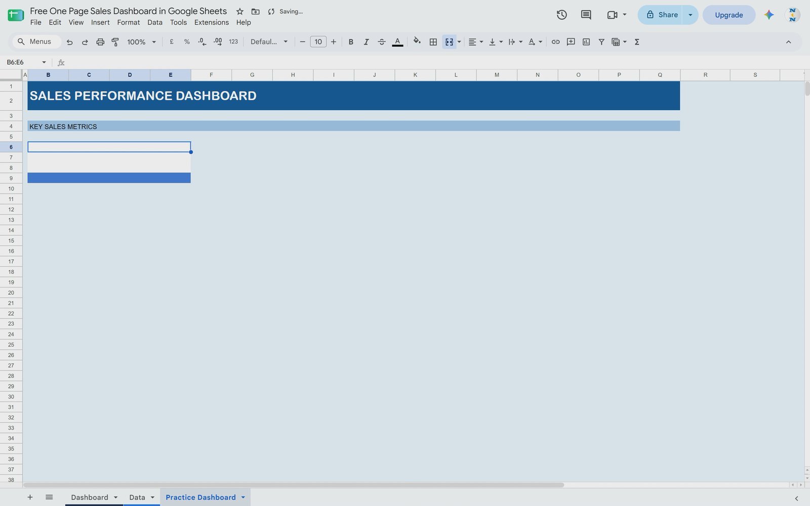 KPI card layout built with merged cells in Google Sheets