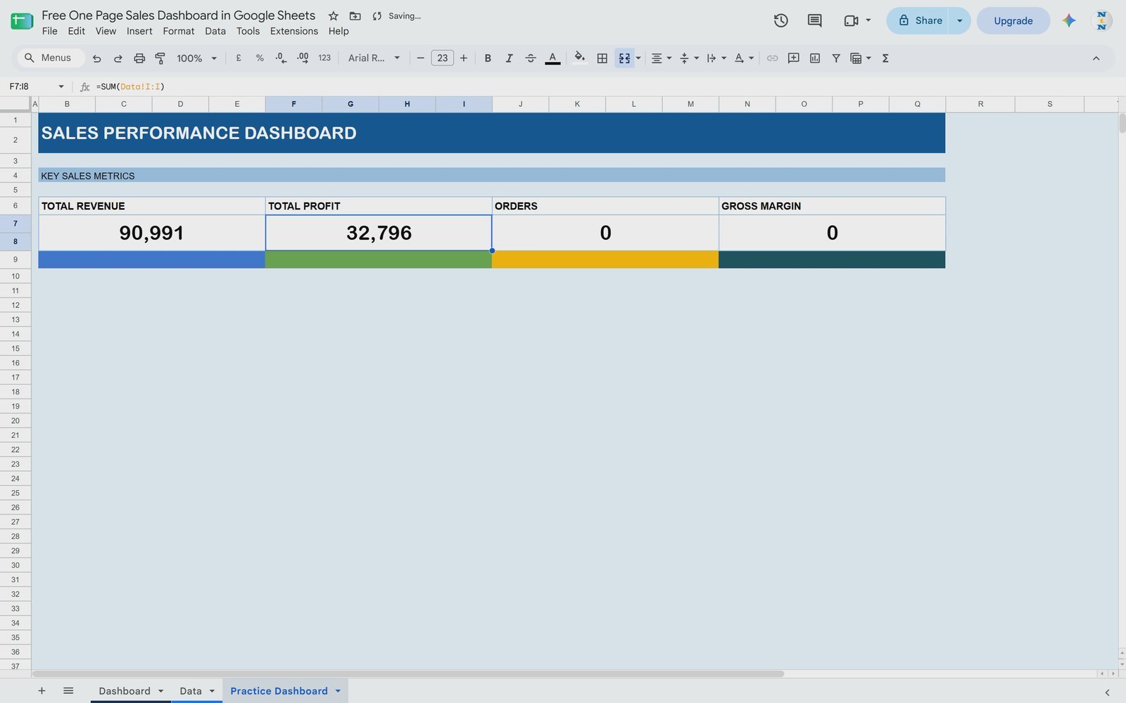 Total Profit KPI card with SUM of the Profit column in Google Sheets