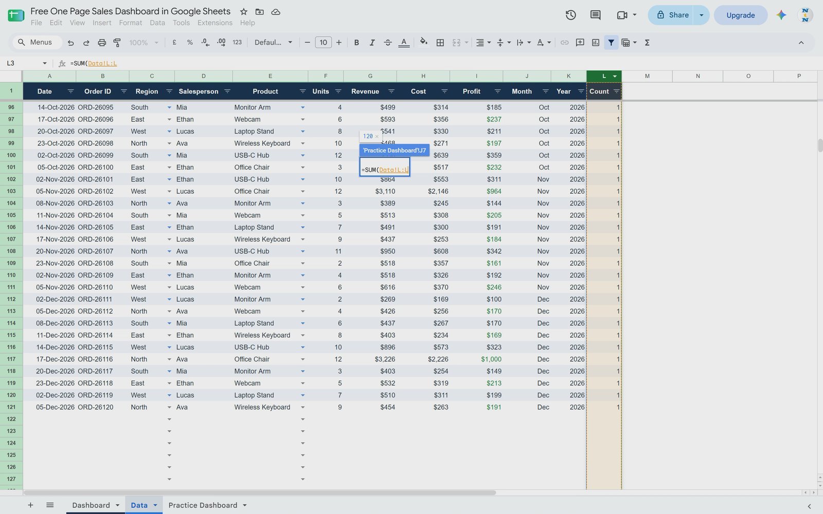 Orders KPI formula summing the Count column in Google Sheets