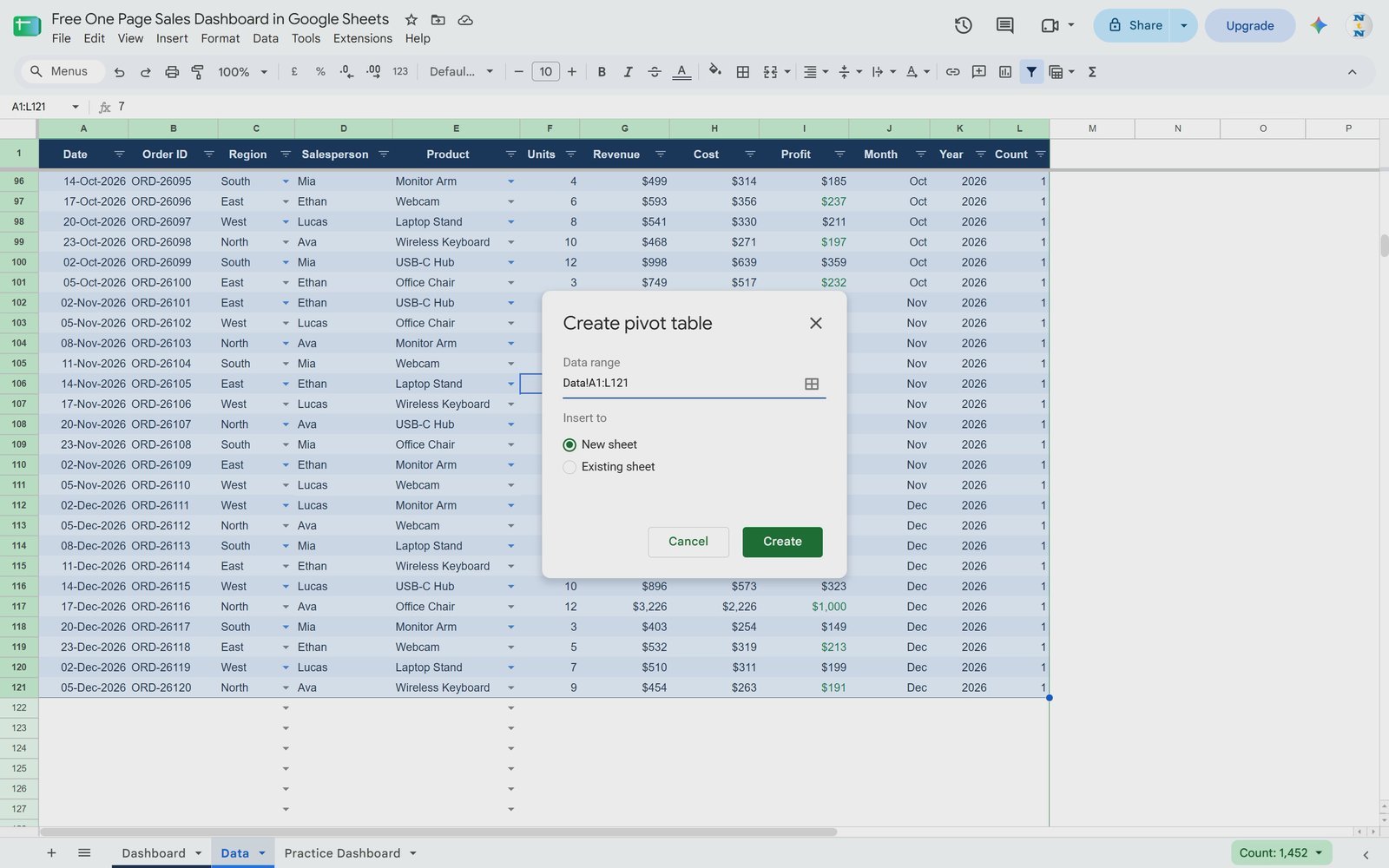 Create pivot table dialog with Existing sheet option in Google Sheets