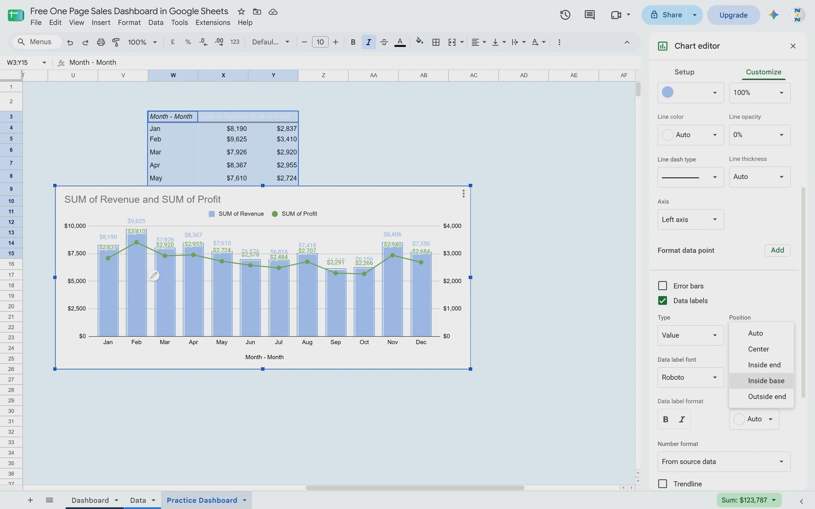 Data labels with Inside base position on a Google Sheets combo chart