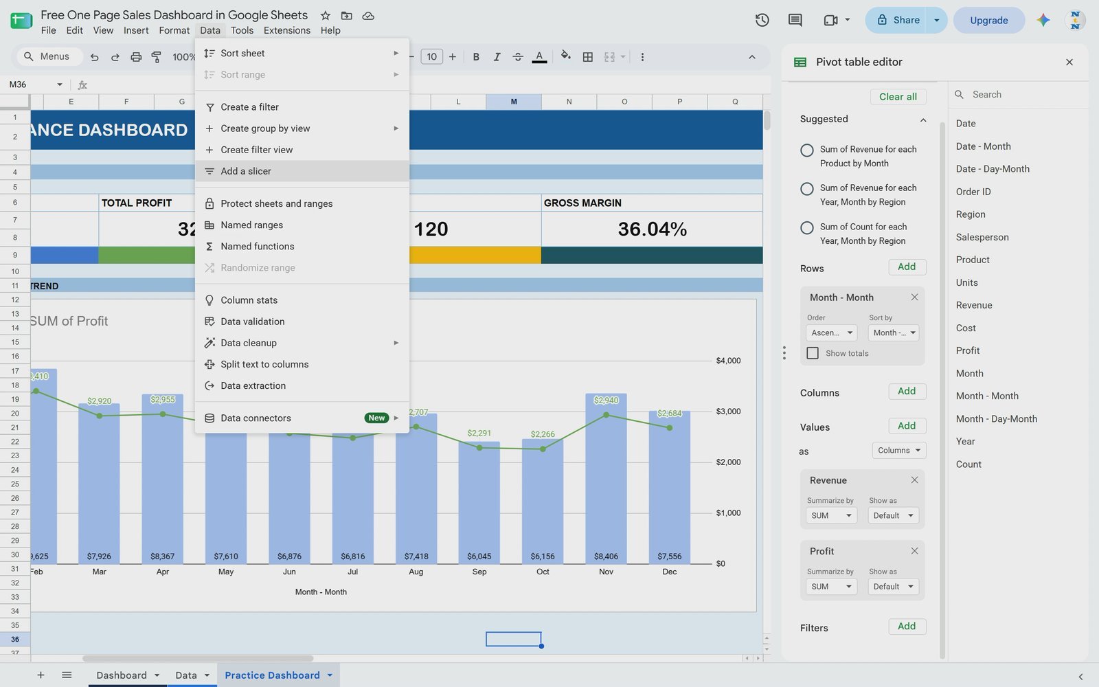 Data menu Add a slicer option in Google Sheets