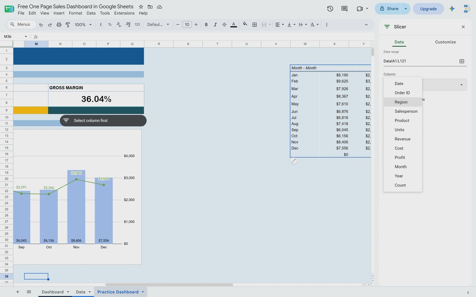 Choosing Region as the slicer column in Google Sheets
