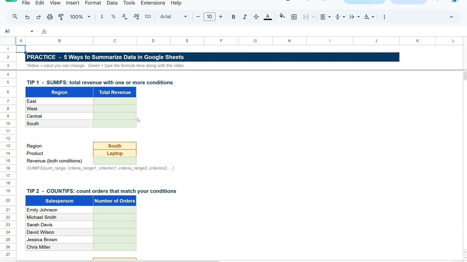 Summarize data practice sheet in Google Sheets with empty green formula cells and yellow input cells