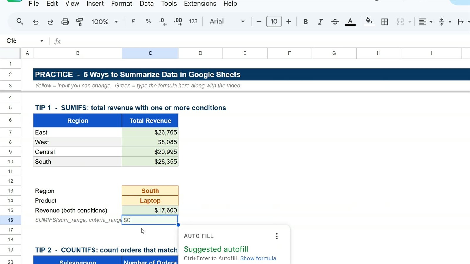 SUMIFS with two conditions, region South and product Laptop, returning 17,600 dollars