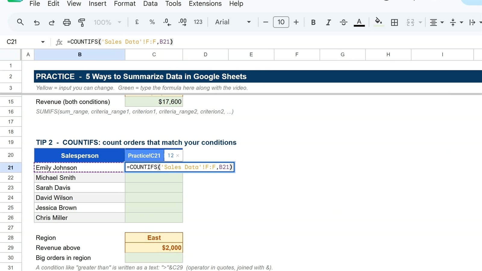 COUNTIFS formula counting orders for one salesperson in Google Sheets