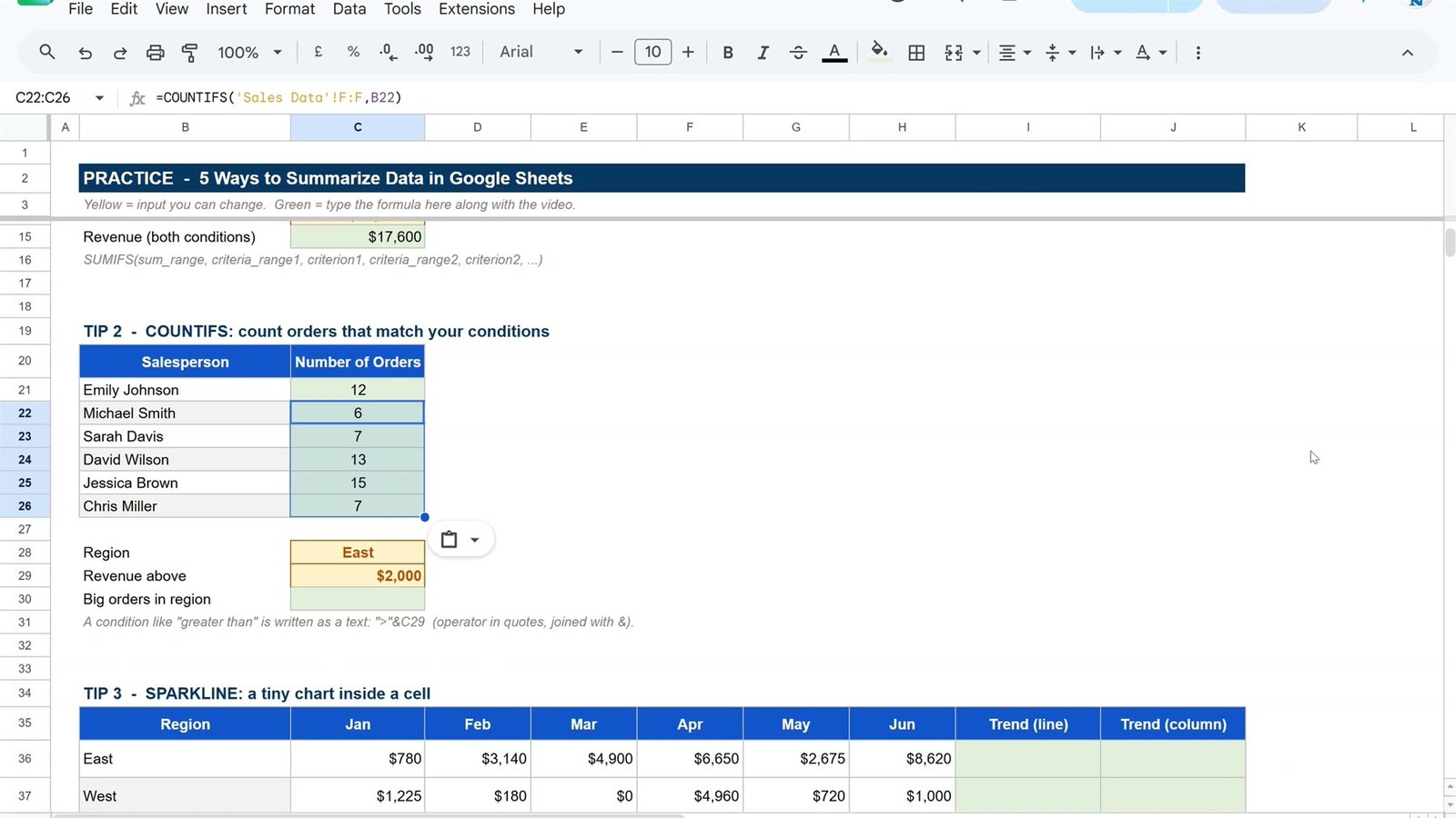 Number of orders per salesperson calculated with COUNTIFS