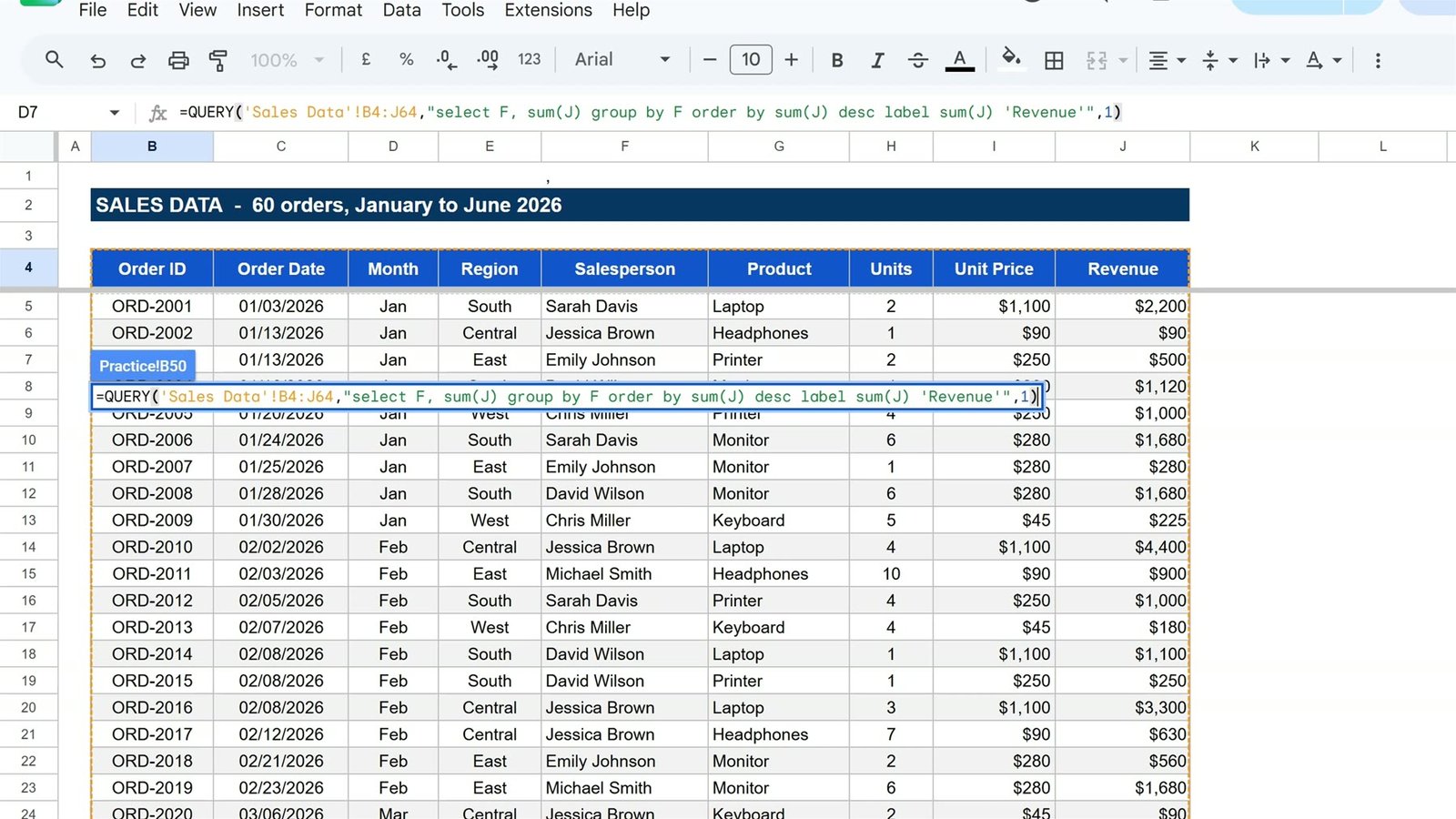 Typing a QUERY formula with select, group by, order by and label clauses