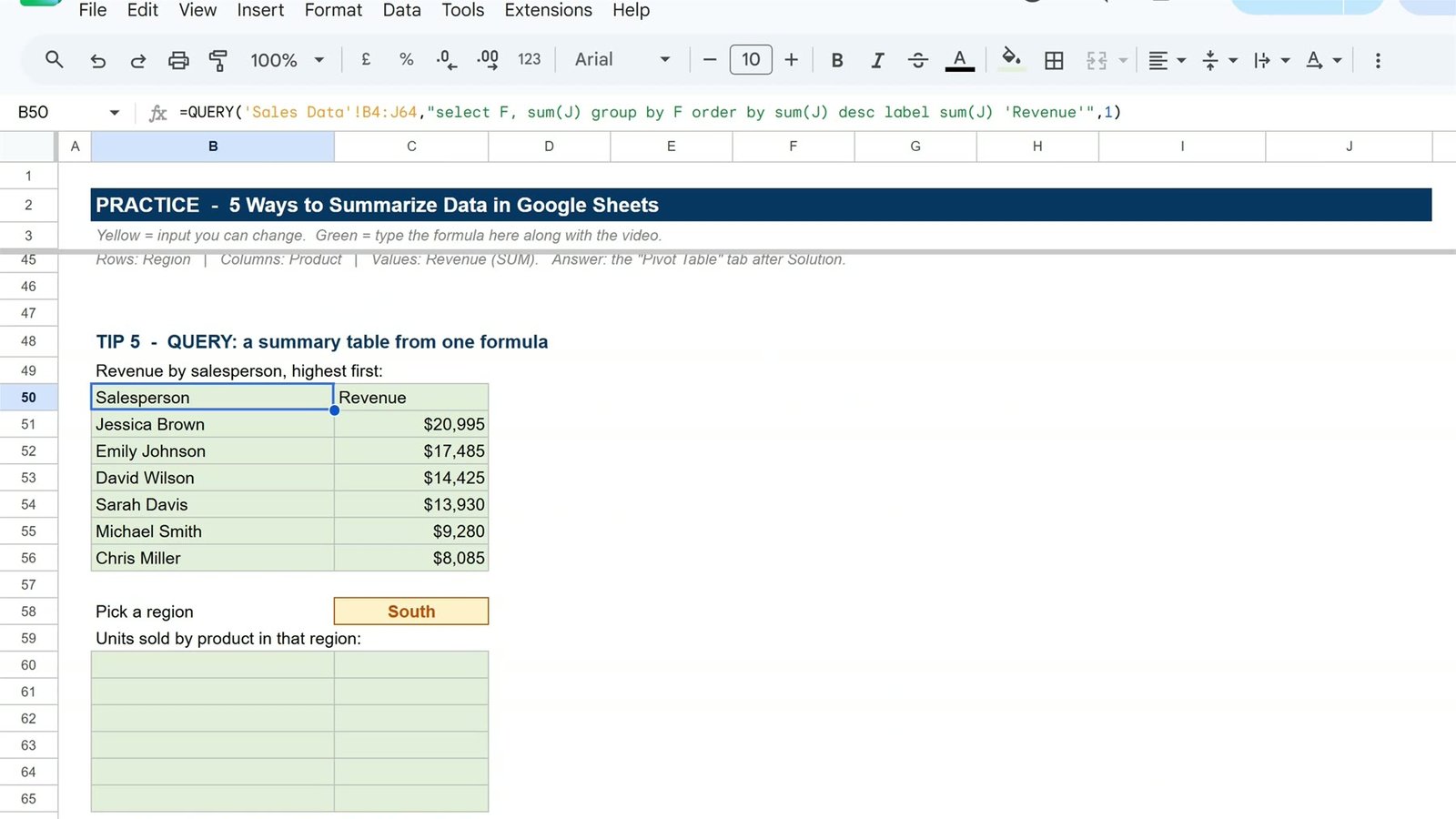 QUERY result showing revenue by salesperson sorted in descending order