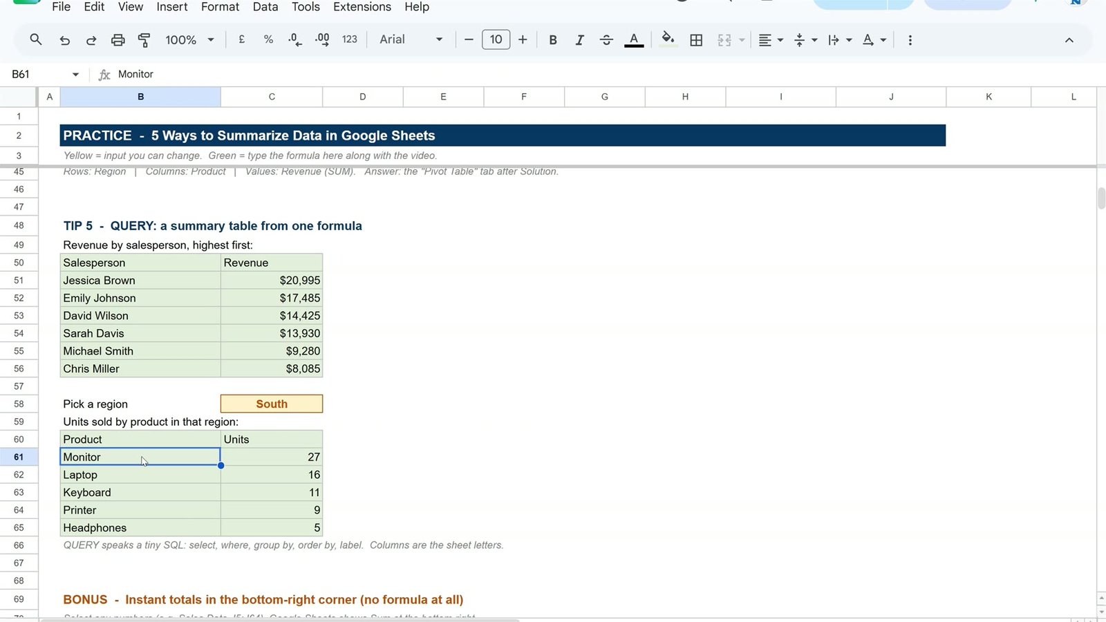 QUERY with a where condition showing units sold by product in the South region