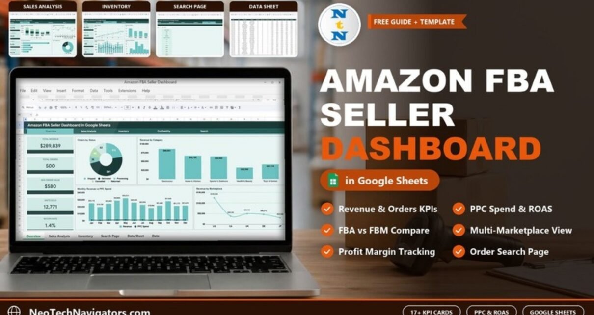 Amazon FBA Seller Dashboard in Google Sheets on a laptop showing revenue, orders, PPC spend and marketplace charts