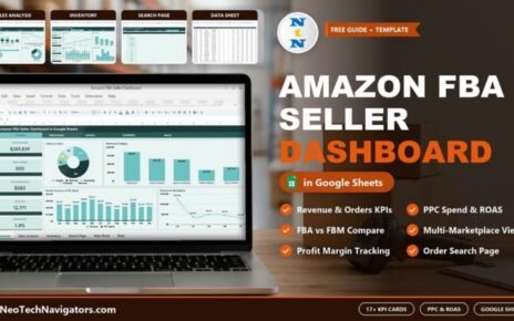 Amazon FBA Seller Dashboard in Google Sheets on a laptop showing revenue, orders, PPC spend and marketplace charts