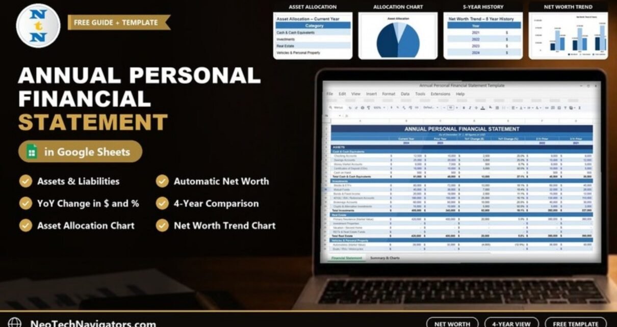 Annual Personal Financial Statement Template in Google Sheets on a laptop showing assets by year with asset allocation and net worth trend previews