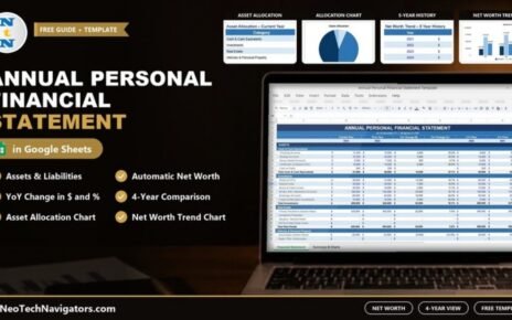 Annual Personal Financial Statement Template in Google Sheets on a laptop showing assets by year with asset allocation and net worth trend previews