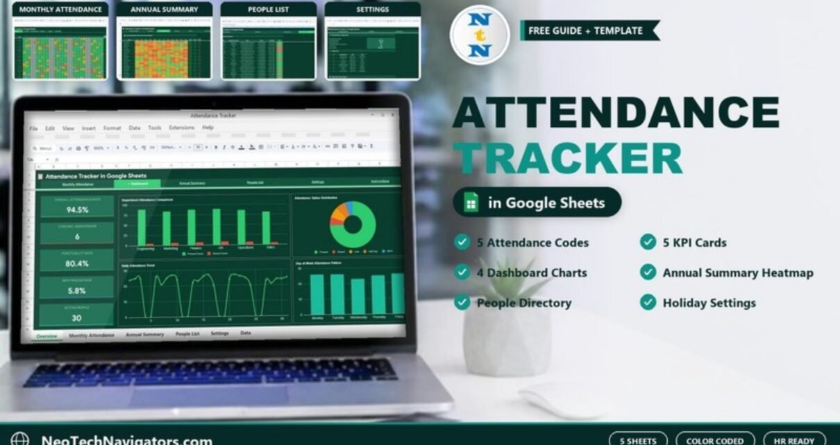 Attendance Tracker in Google Sheets feature image showing the attendance dashboard on a laptop with Monthly Attendance, Annual Summary, People List and Settings previews