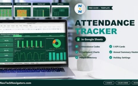 Attendance Tracker in Google Sheets feature image showing the attendance dashboard on a laptop with Monthly Attendance, Annual Summary, People List and Settings previews