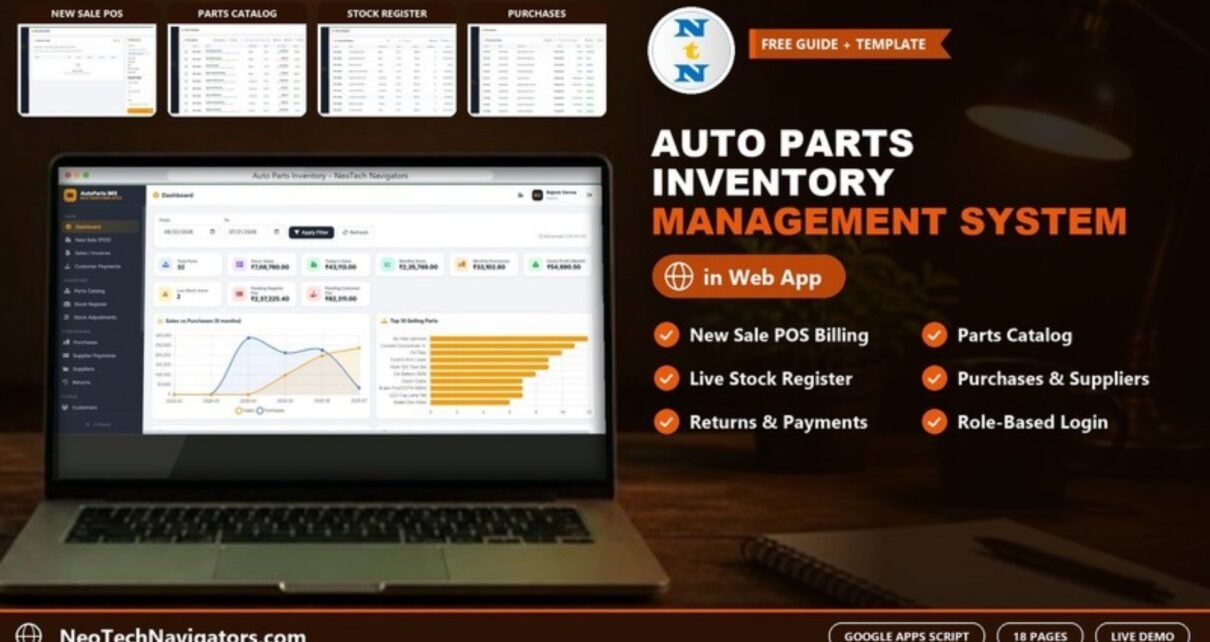 Auto Parts Inventory Management System Web App dashboard on a laptop with POS, parts catalog, stock register and purchases page previews