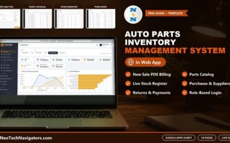 Auto Parts Inventory Management System Web App dashboard on a laptop with POS, parts catalog, stock register and purchases page previews