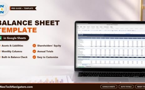 Balance Sheet Template in Google Sheets on a laptop showing monthly assets, liabilities and equity columns with totals